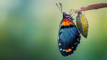 Vibrant butterfly emerging from chrysalis on branch. photo