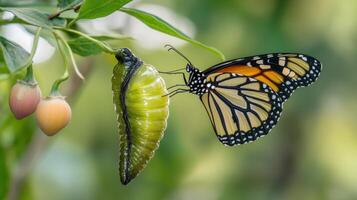 Emerging monarch butterfly from chrysalis. photo
