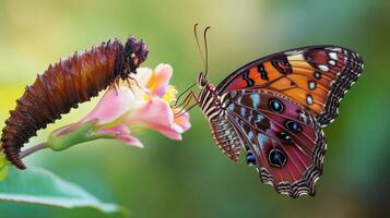 Close-up of a butterfly and its pupa on a flower. photo