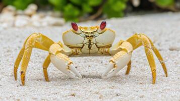 Close-up of a vibrant yellow crab on a sandy beach. photo