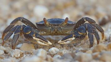 Close-up view of a small crab on a sandy beach. photo