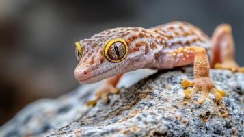 Close-up view of a gecko on a rocky surface. photo