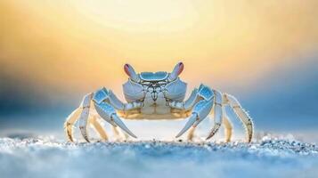 Close-up of a captivating pale crab on a sandy shore. photo