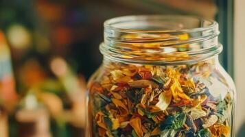 Close-up view of a glass jar filled with colorful dried herbs and spices. photo