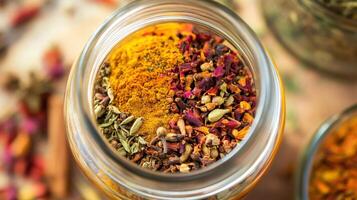 Close-up view of a glass jar filled with colorful spices. photo