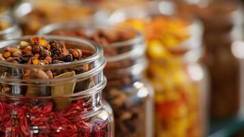 Many jars filled with different types of spices photo