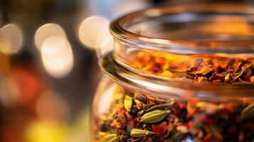 Close-up view of assorted herbal tea leaves inside a glass jar. photo