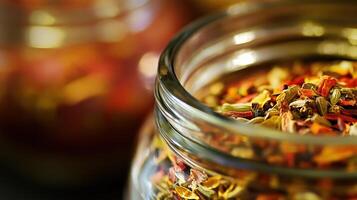 Close up view of colorful herbal tea blend in glass jar. photo
