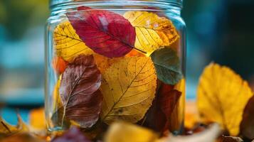 Autumn leaves in a glass jar, vibrant colors and textures. photo