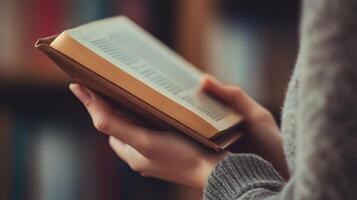 Close-up view of hands holding an open book. photo