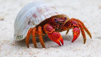 Close-up view of a hermit crab nestled within a seashell on sand. photo