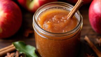 Close-up view of homemade sauce in a glass jar. photo