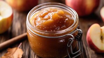 Delicious sauce in a glass jar on a wooden surface. photo