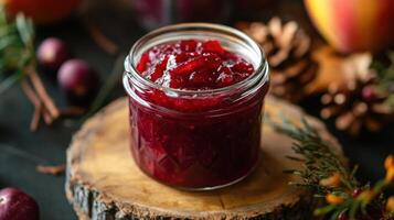 Close-up of a glass jar filled with cranberry sauce. photo