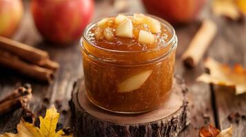 Delicious preserves in a glass jar on a wooden stump. photo