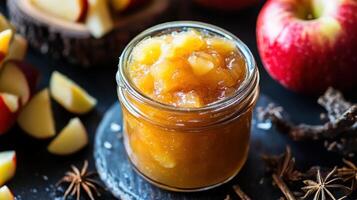 Close-up view of homemade preserve in a glass jar. photo