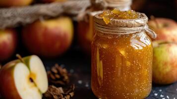 Homemade preserves in glass jars with fresh apples. photo