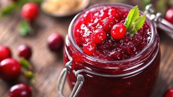 Close-up view of a glass jar filled with homemade cranberry sauce. photo
