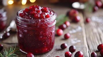 Festive cranberry sauce in a glass jar on a rustic table. photo
