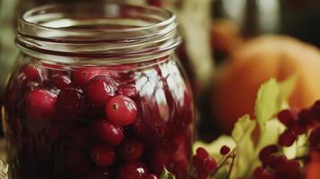 Close-up view of preserved cranberries in glass jar. photo