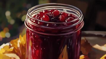 Close-up view of a jar filled with crimson cranberry preserve. photo