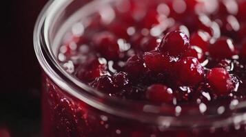 Close-up view of a jar filled with preserved cranberries. photo