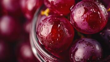 Close-up view of fresh red grapes in a glass bowl. photo