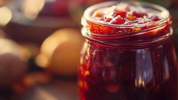 Close-up view of a glass jar of vibrant fruit preserve. photo