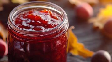 A jar of cranberry jam with autumn leaves around it photo