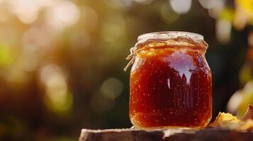 Transparent jar of preserves set on a rustic log. photo