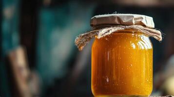 Close-up view of a small glass jar filled with golden preserve. photo