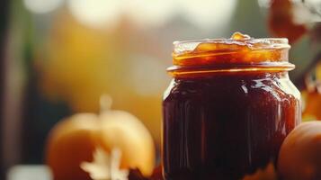 Autumnal preserve in glass jar, surrounded by fall foliage. photo