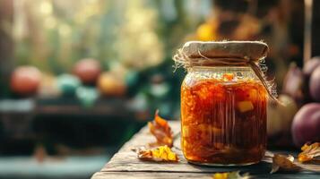 Autumnal preserve jar on rustic wooden surface. photo