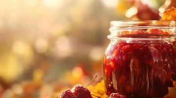 Autumnal preserve jar with fall leaves and berries. photo