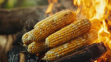 Roasted ears of corn over a campfire. photo