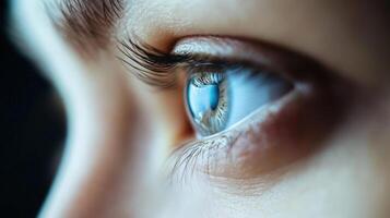 Close-up view of a person's thoughtful, azure eyes. photo