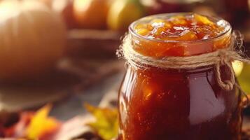Autumnal preserves in a glass jar on a rustic surface. photo