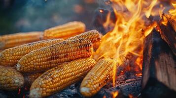 Golden corn cobs roasting over a vibrant campfire. photo