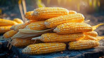 Freshly harvested corn cobs piled high in a sunny field. photo
