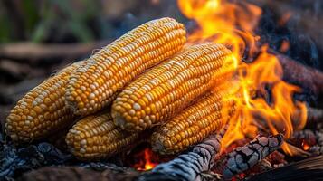 Grilled corn cobs over an open fire. photo