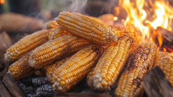 Golden corn cobs roasting over a campfire. photo