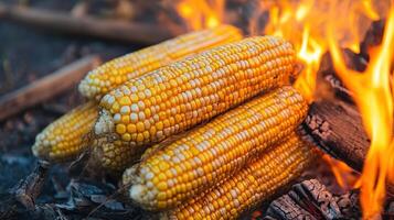 Close up of corn cobs roasting over flames. photo