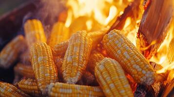 Grilled corn cobs over a campfire. photo