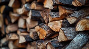 Stacked firewood pieces in close-up view. photo