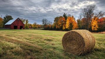 Autumnal rural landscape featuring a hay bale and red barn. photo