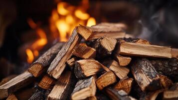 Close-up view of stacked firewood near a blazing fire. photo