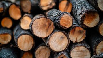 Close-up view of stacked logs with a variety of tones. photo