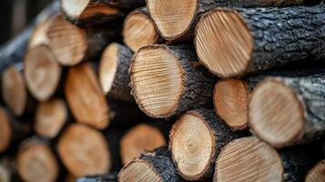 A pile of logs stacked up on a wooden surface photo