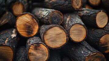Close-up view of a substantial pile of charred logs. photo
