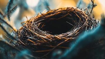 Empty bird's nest, detailed close-up view. photo
